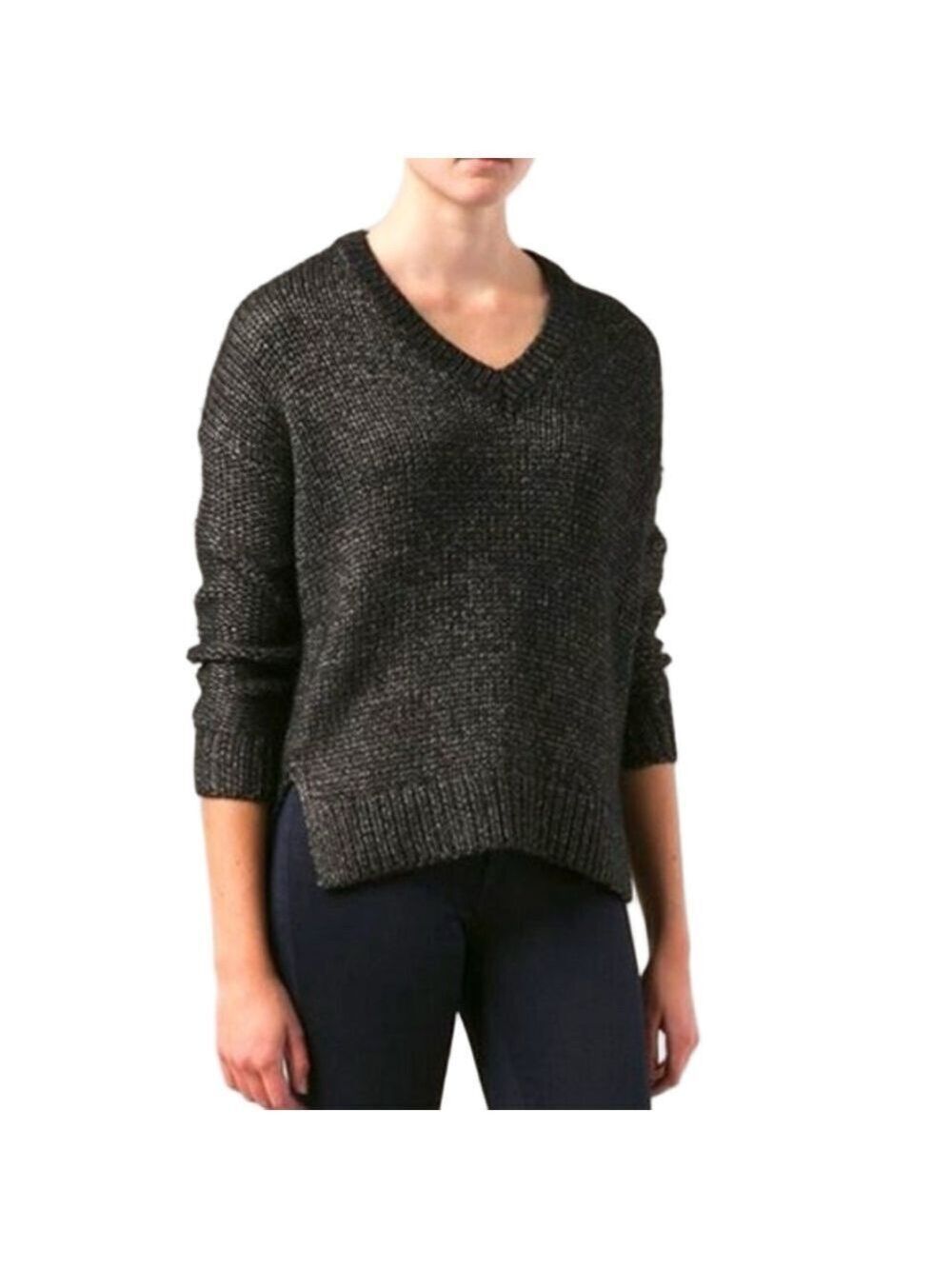 Women's VINCE Black V-Neck Metallic Sweater Sz XXS